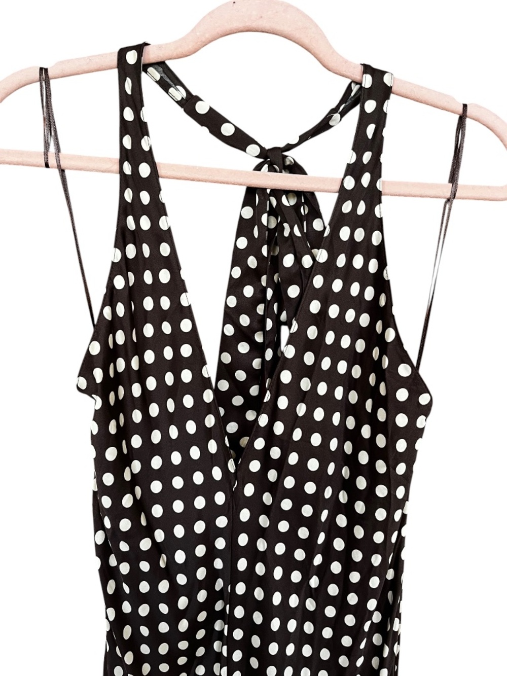 NWT ZARA ZW COLLECTION Brown Polka Dot Satin Halter V-Neck Maxi Dress SZ M - Picture 5 of 9